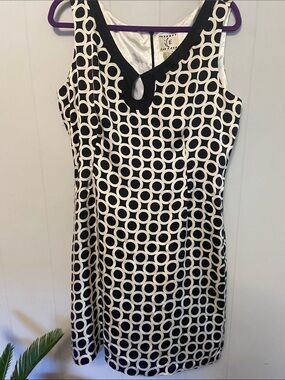 100% silk Ike vintage Black and White Circle-Print Sleeveless Shift Dress 14